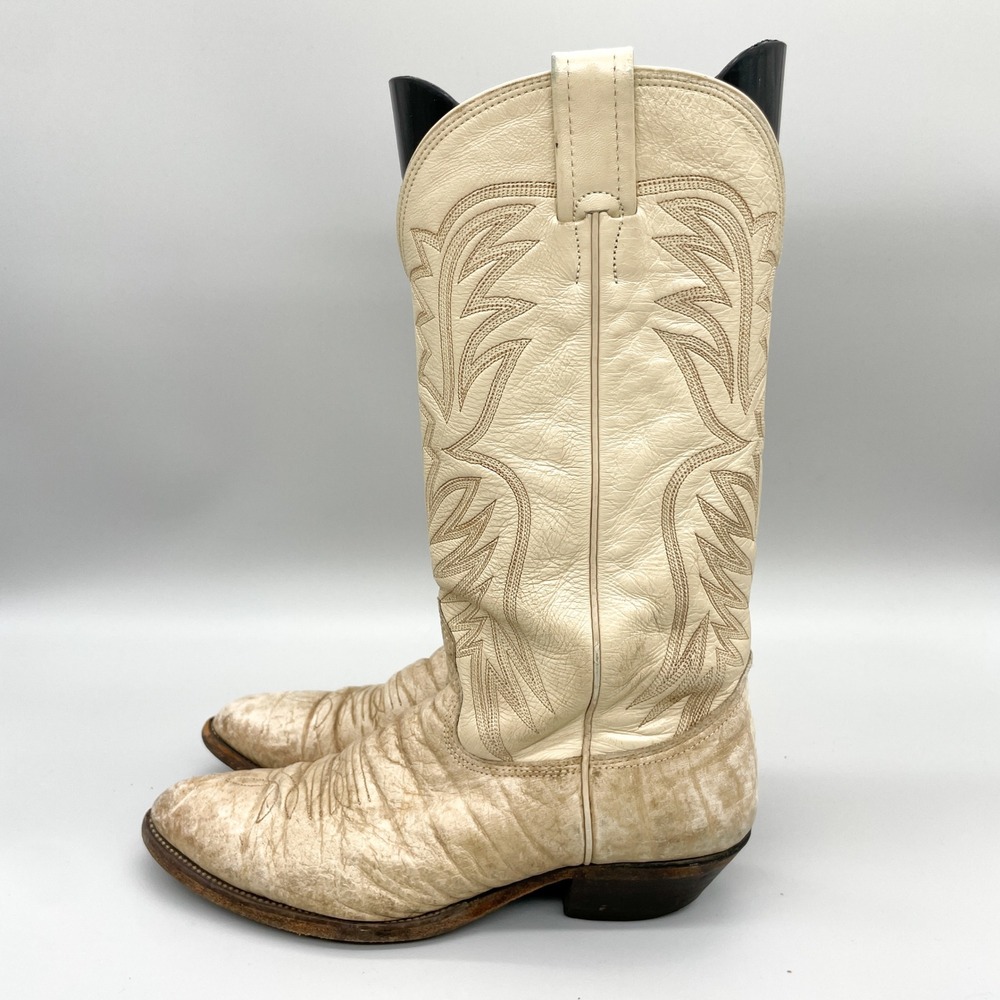 VTG Nocona Mens 9 D Cape Buffalo Bull Neck Leather Western Cowboy Boots Cream - Picture 4 of 15